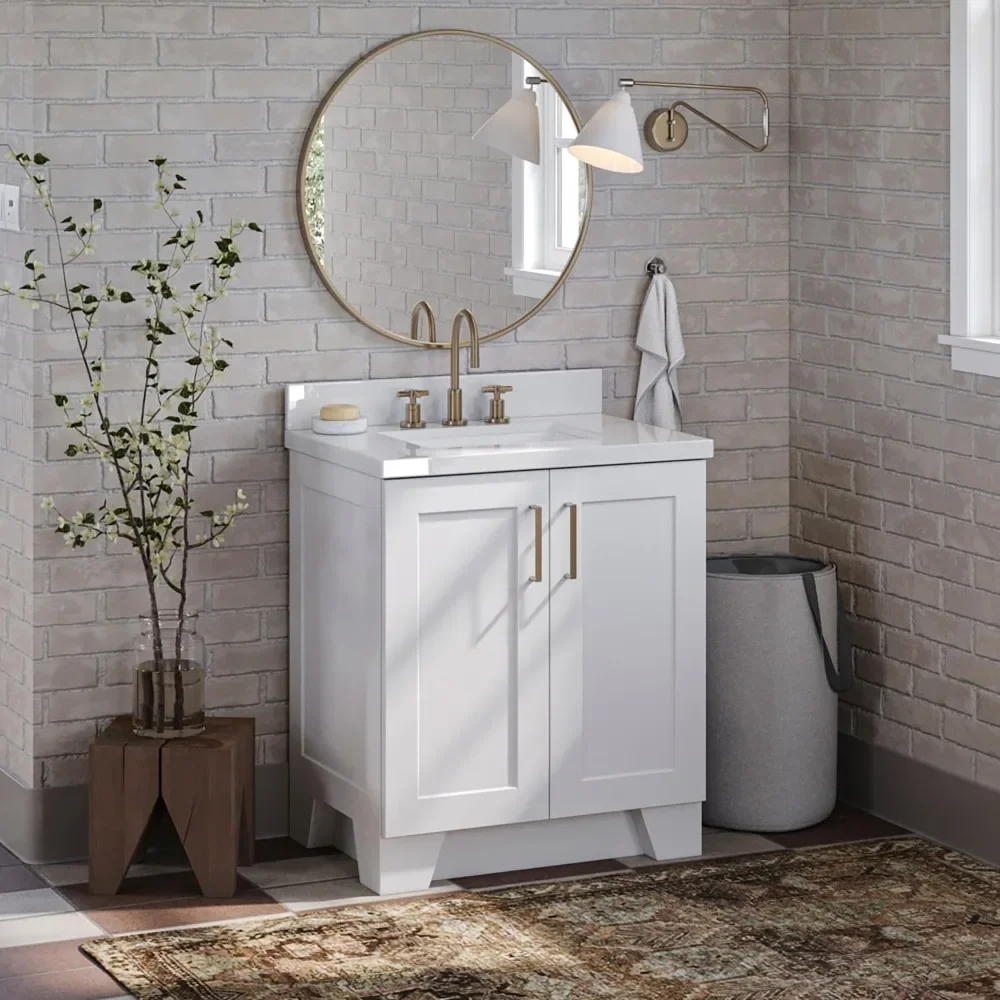 

31" White Bathroom Vanity with 1.5" Edge Pure White Quartz Countertop & Backsplash, Center Rectangular Sink