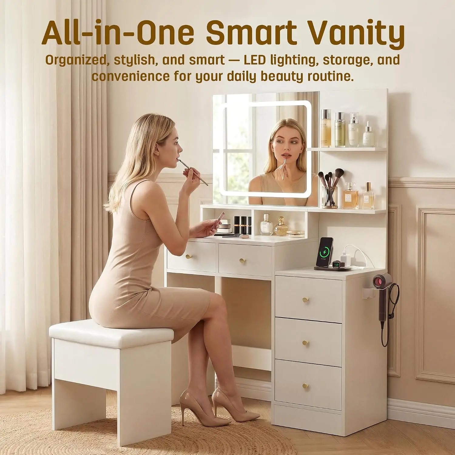 Vanity Desk with Mirror & Lights, Makeup Vanity with 5 Drawers & Cushion Stool, White Vanity Table, 3 Color Modes &, Customized view 6