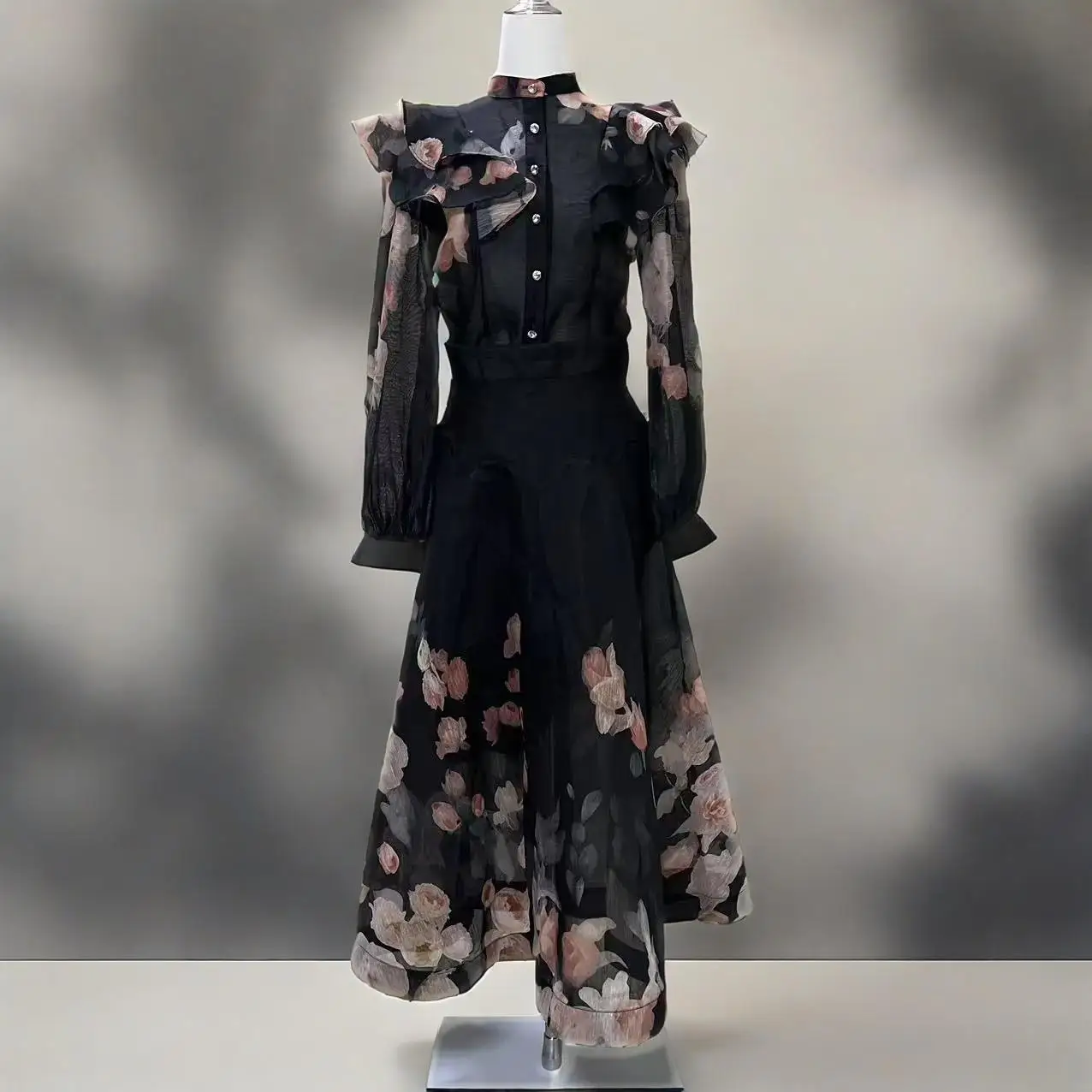 

‘’‘New Ruffled Edge Printed Shirt High Waist Oversized Hem Half Skirt Two-Piece Set