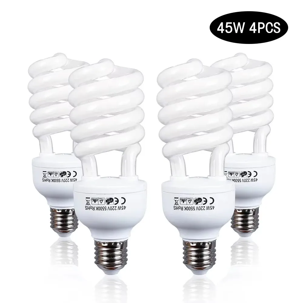 4 Pieces 45W 5500K High Brightness Photography Daylight Fluorescent Lighting Bulbs E27 Soft Box Photography Base AC 220V