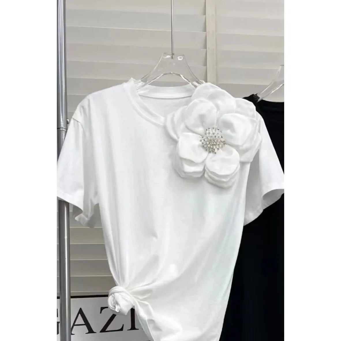 3d frisado flores ponto ort sve camiseta design dimensional senhoras faion ajuste confortável mistura de algodão topo