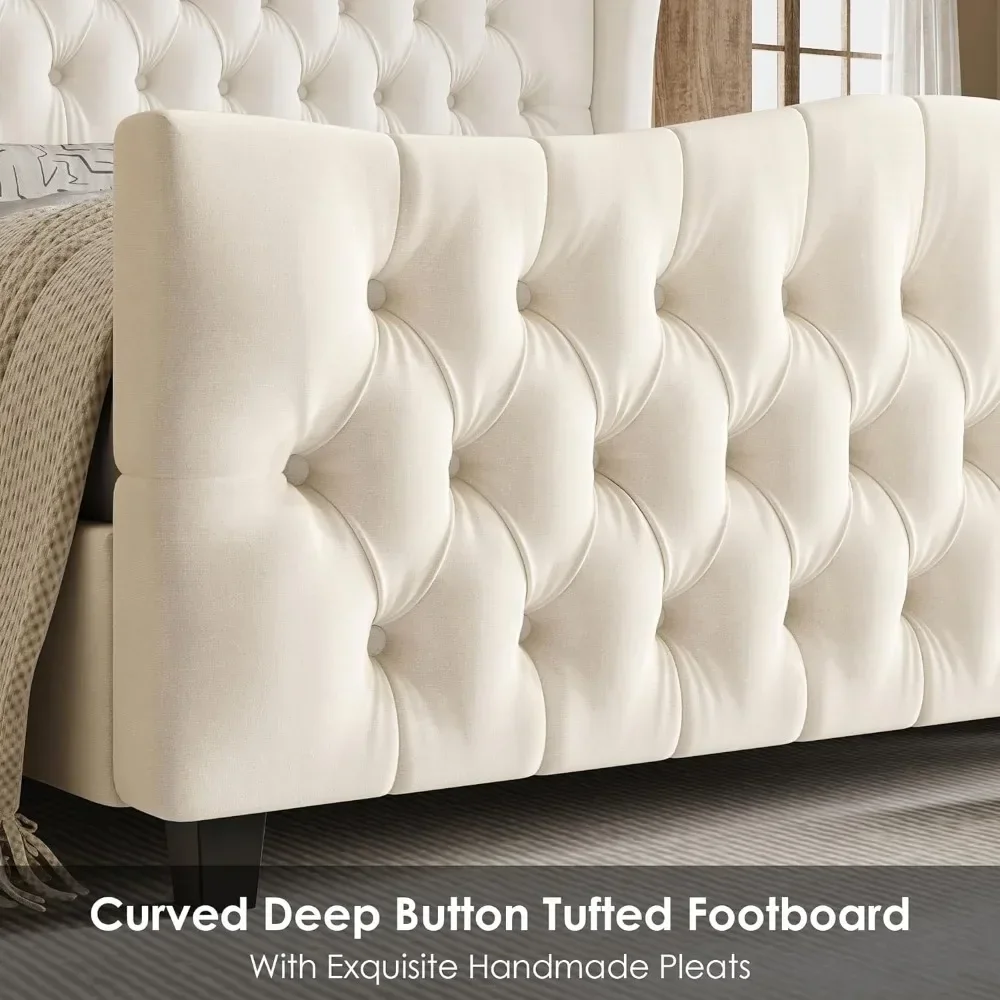 King Bed Frame with Velvet Upholstered Deep Button Tufted Wingback Headboard and Footboard, No Box Spring Needed, King Bed Frame image 4