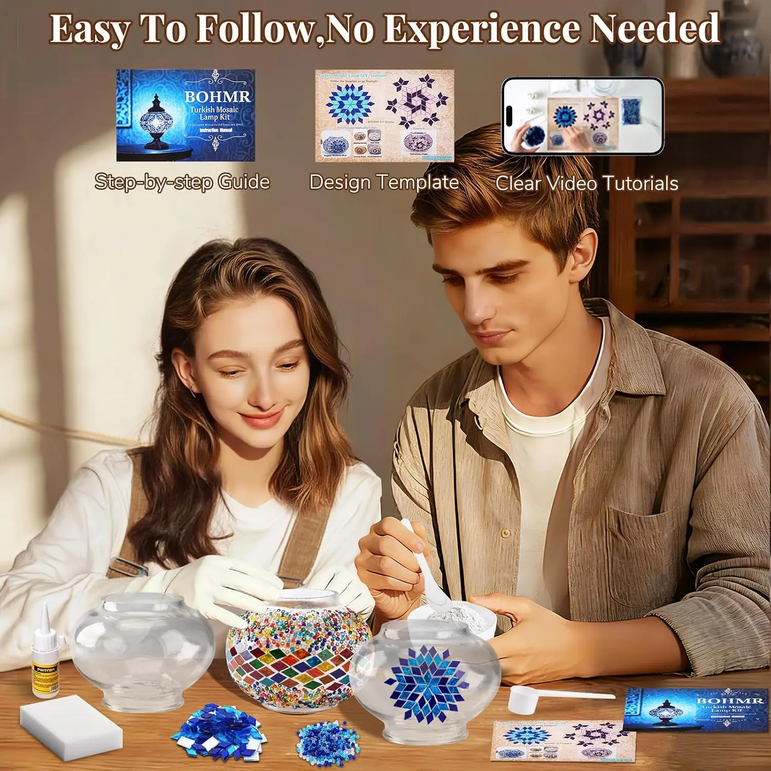 DIY 3 Globe Turkish Mosaic Lamp Kit, 23"H Stained Glass Table Lamp Making Kit-Easy & Fun, No Experience Needed, Mosaic Art & Craft Project Kits for Adults & Teens, Make Your Own Lamp,Multicolor view 2