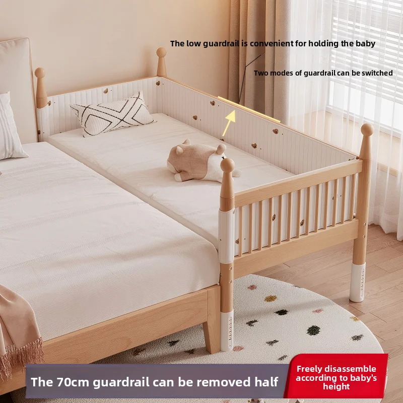 *Extra Wide Solid Wood Baby Crib Kids' Cribs with Heightened Guardrails Spliced Bedside and Beech for Sleep