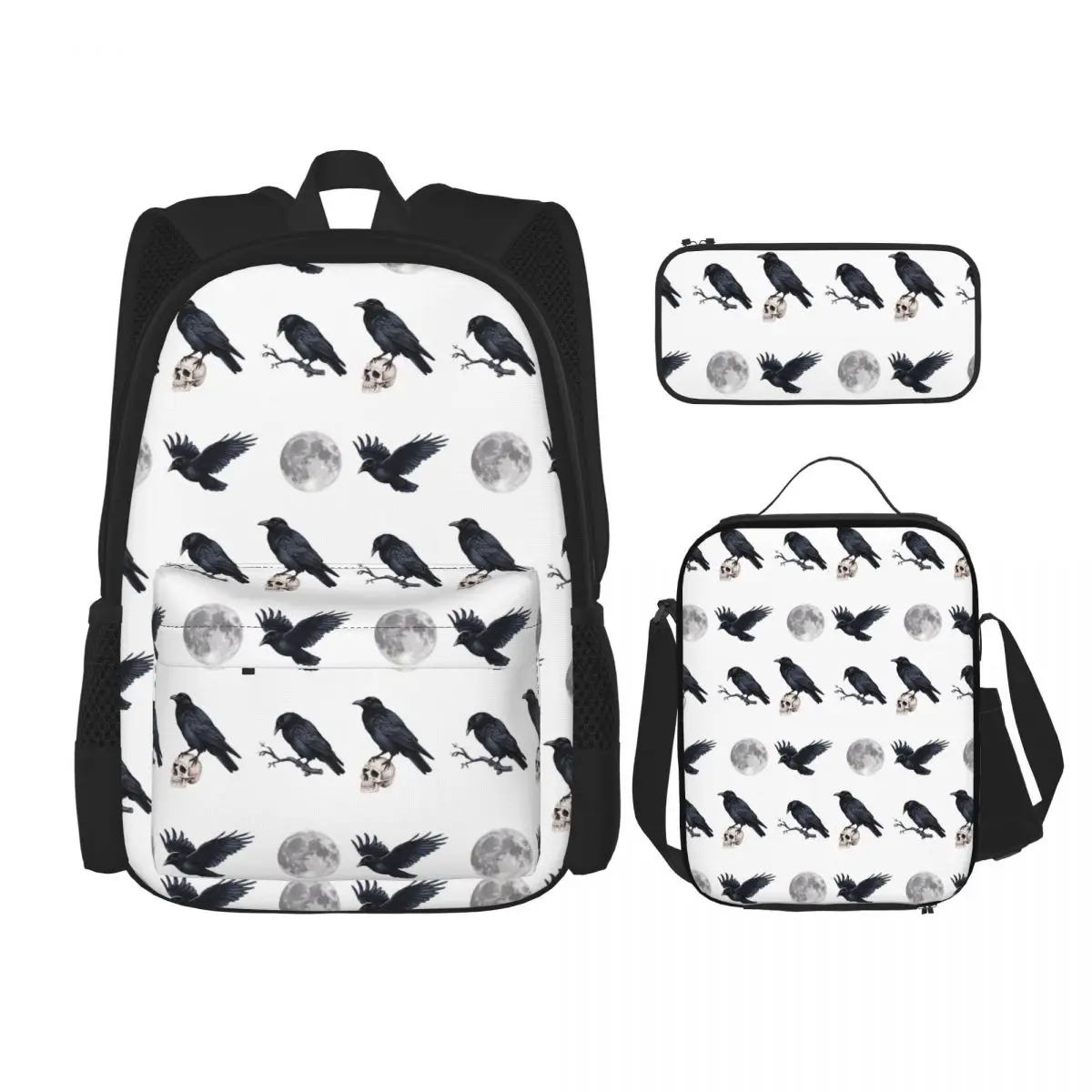 Trendy Black Raven Crow ,skull And Moon Pack Backpacks Children Bookbag School Bags Rucksack Lunch Bag Pen Bag Three-Piece Set