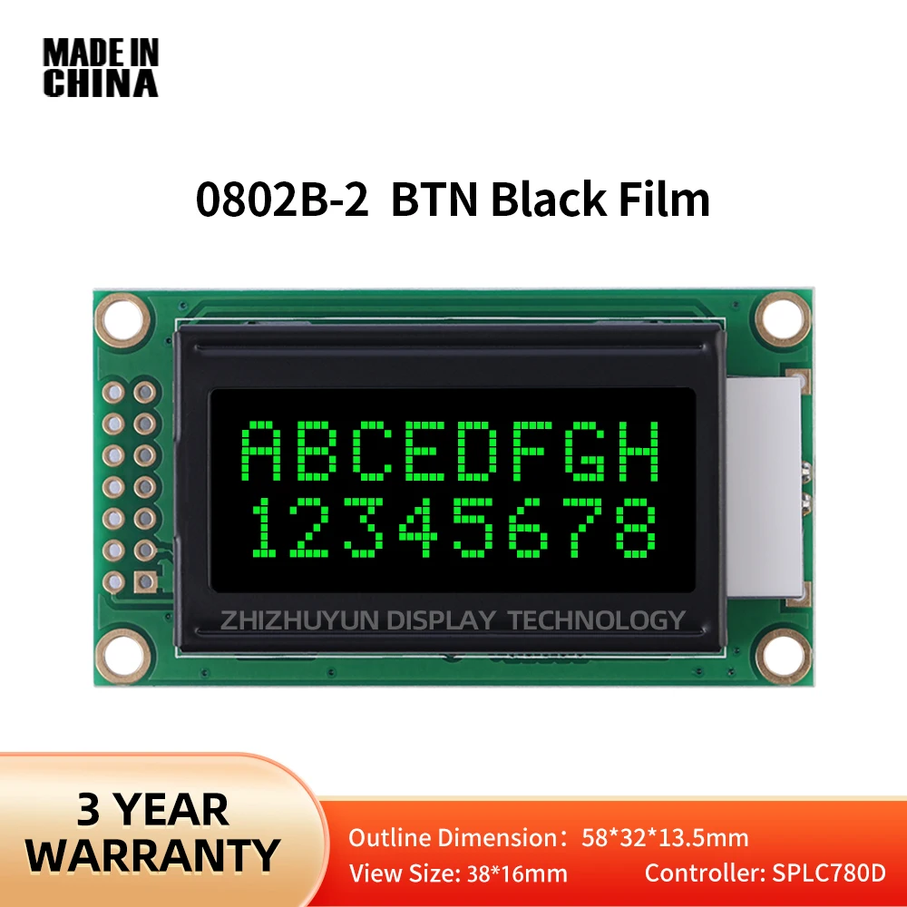 BTN-pantalla LCD de cristal líquido, película negra, texto verde, Original, Chip ST7066U, tipo de personaje gráfico, 0802B-2