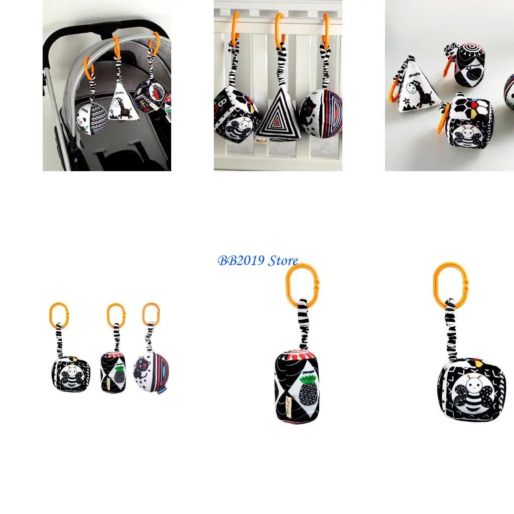 Q0kbビジュアル開発車ハングハンギングプラッシュトレーニングおもちゃ、幾何学的なガラガラ感覚黒と白の車のための玩具のためのおもちゃ