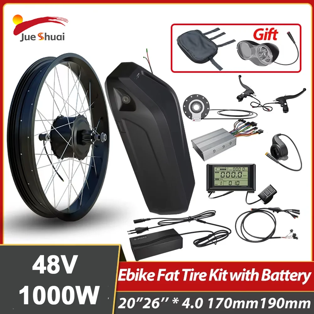 

Fat Tire Electric Bike Conversion Kit with Battery 15/20AH 48V 1000W Brushless Gear Motor Wheel 20'' 26''*4.0 170 190mm Dropout