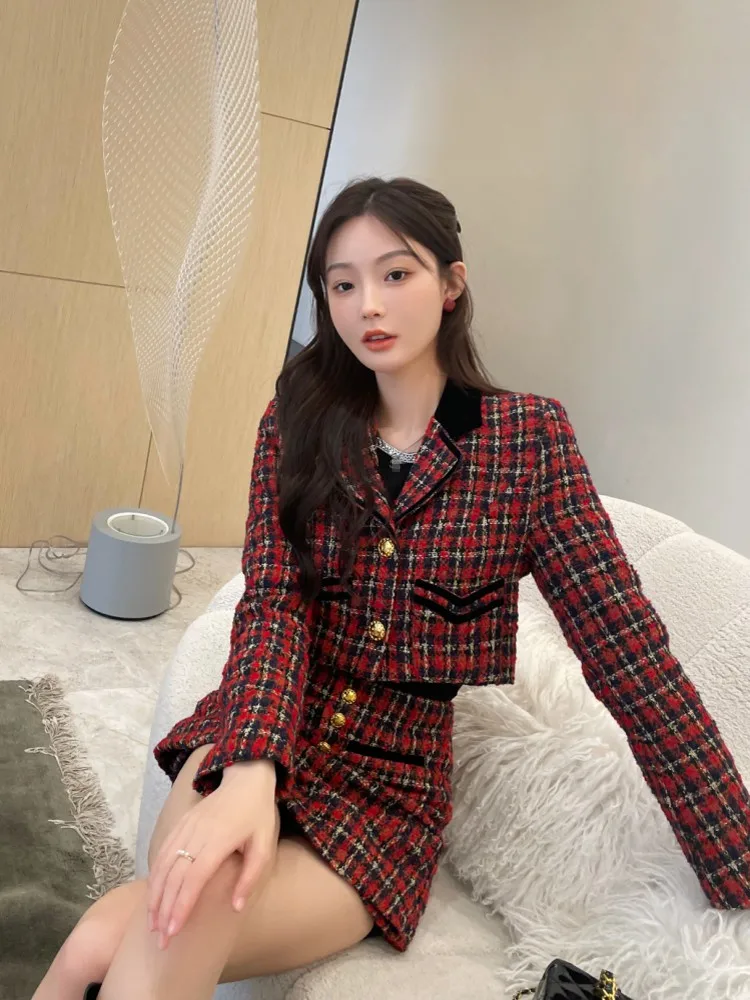 Sweet Women Spring Red Plaid Tweed Jacket Mini Skirt Two Piece Set Single Breasted Elegant Ladies Slim Fit Outfits Matching Sets