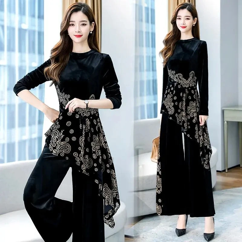 

Elegant 2023Spring Slim Fit Middle-aged Women's Irregular Printed Velvet Wide Leg Pants Two Piece Set Women's Spring Autumn Sets