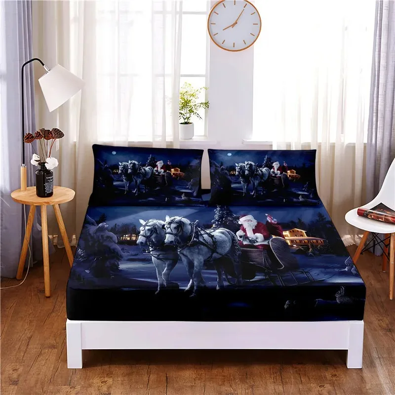 Christmas Sleigh Digital Printed Polyester Fitted Sheet Mattress Cover Four Corners with Elastic Band Bed Sheet Pillowcases kid