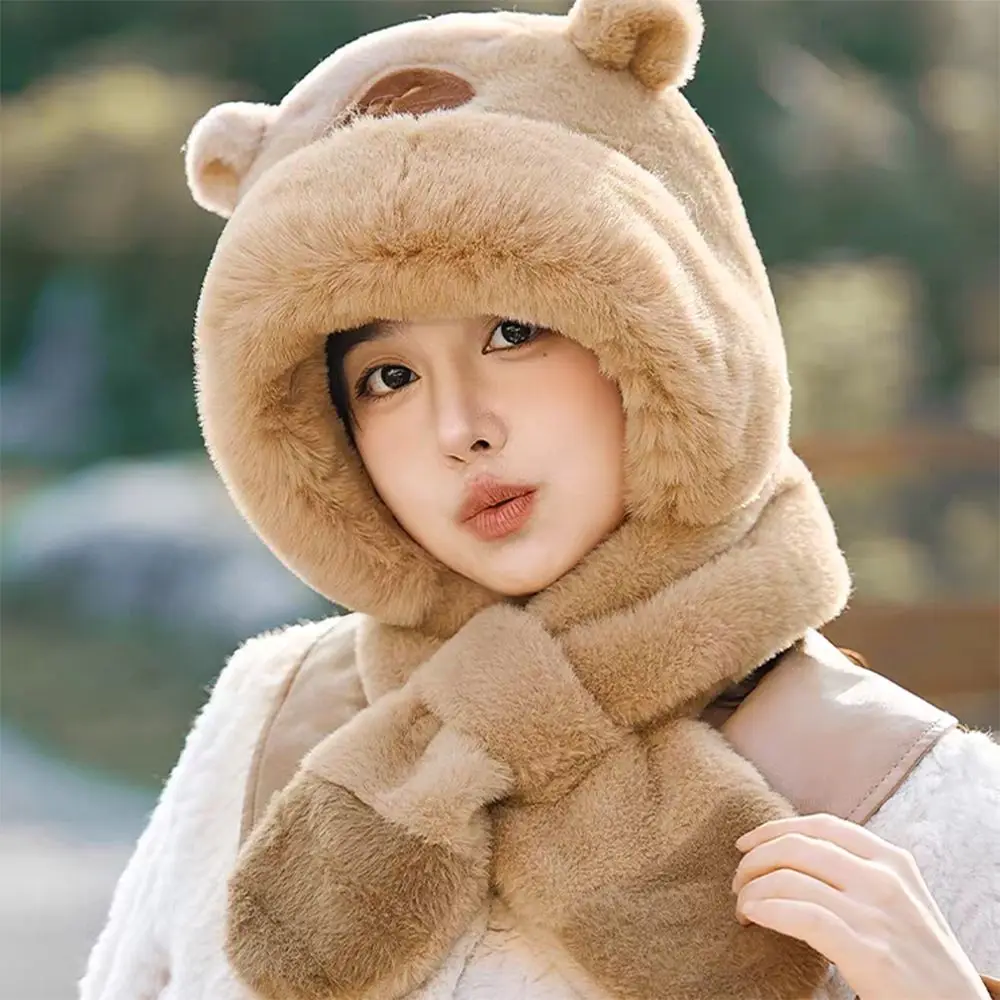 

Cute Winter Integrated Cap Scarf Soft Thickened Winter Warm Hat Thermal Integrated Capybara Hooded Scarf Set