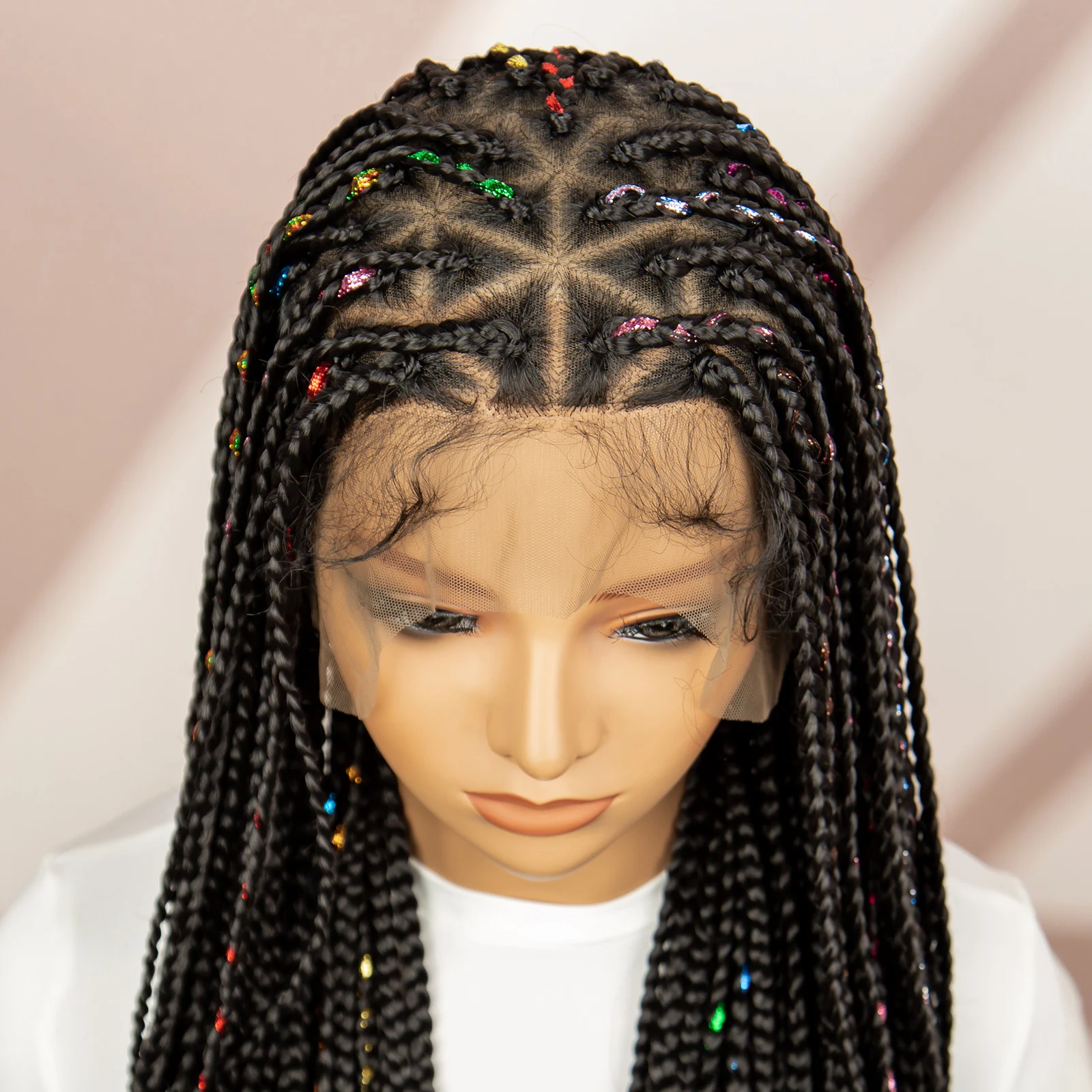 36 Inches Full Lace Synthetic Briaded Wigs for Black Women Knotless Braiding Hair Wigs with Ribbons Baby Hair Braids Wigs