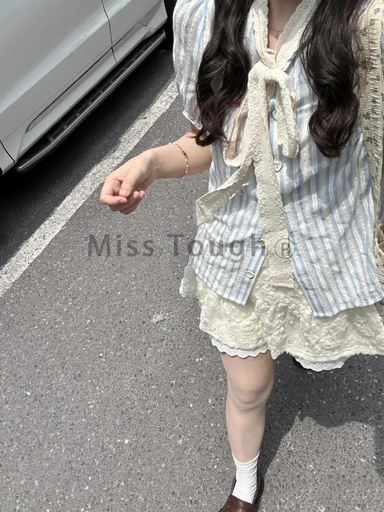 Sweet Girl Lace Bow Shirt 2 Piece Suit Women Y2k Patchwork Summer Elegant Skirt Sets Korean Fashion Striped Casual Set 2024 New