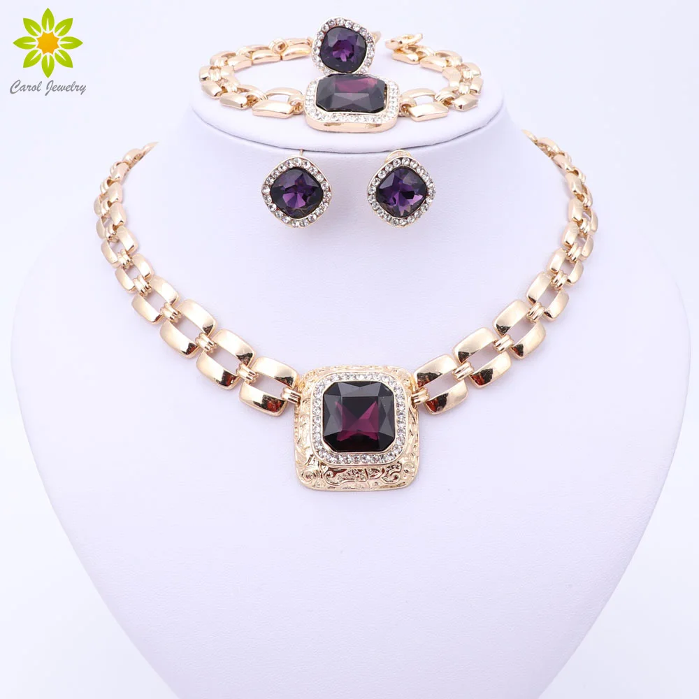 African Beads Jewelry Sets For Women Dress Accessories Gold Color Crystal Wedding Bridal Necklace Earrings Bracelet Ring Sets