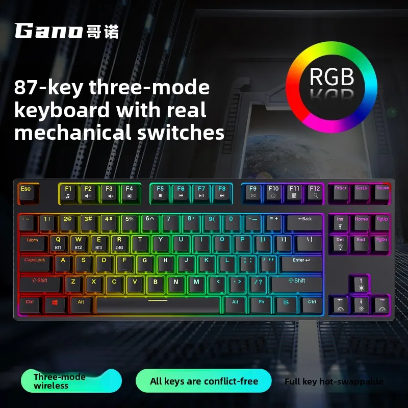 87Key Tri-ModeTransparent Mech Keyboard,Hot-Swap Gateron,28 RGB Modes,3000mAh Battery,Steel Plate,Dual Sound Dampening,PC Gaming