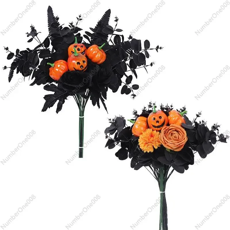 

Artificial Jack-o'-Lantern Pumpkin Decor with Black Roses, Green Plants, and Fake Black Maple Leaves for Halloween and Christmas