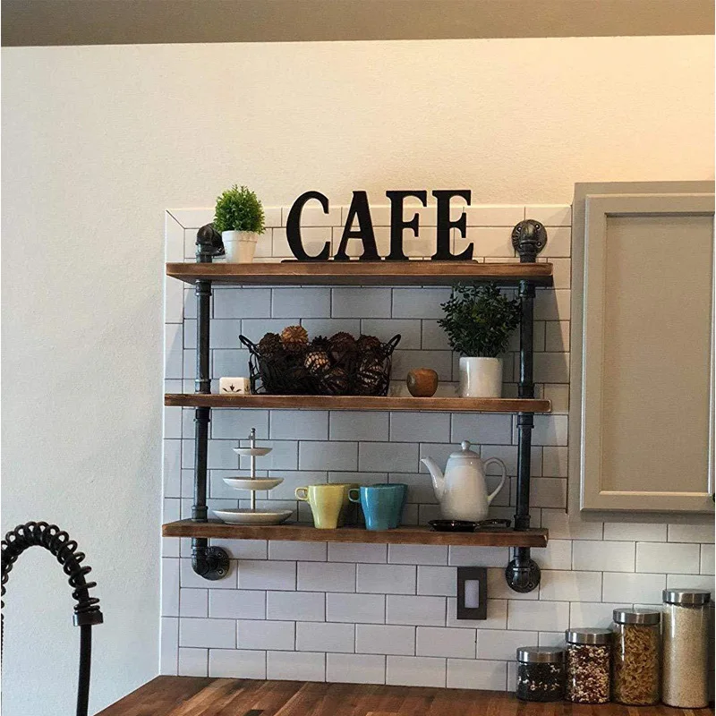 

American creative shelves, living room kitchen home display shelves, retro water pipe metal solid wood wall hangers