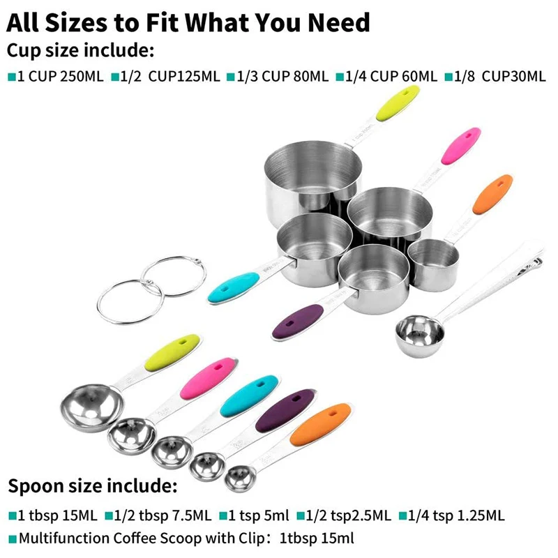 Stainless Steel Measuring Cups,Measuring Spoons Set Of 11 Top Stackable Cups With Spoons Coffee Scoop Sealing Clips