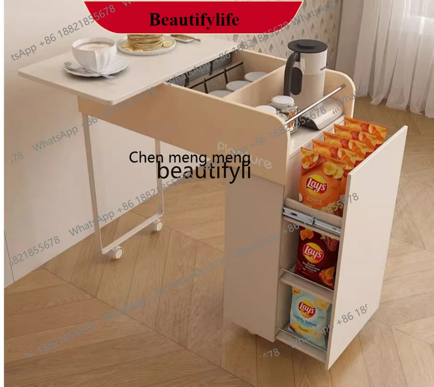 G153 Movable coffee table trolley living room multi-function, locker cream wind sofa side cabinet