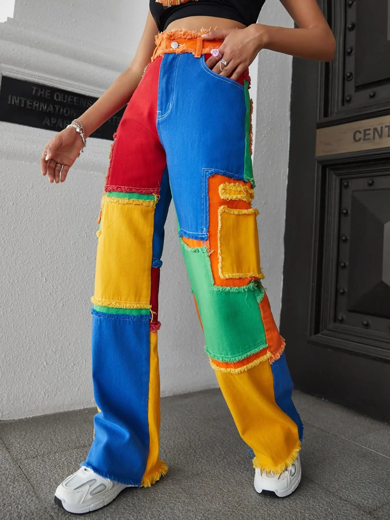Sweet Cool Spicy Girl Colorblock Workwear Jeans, Colorful Contrast Fuzzy Hem Wide Leg Pants, Stylish Casual Denim Trousers