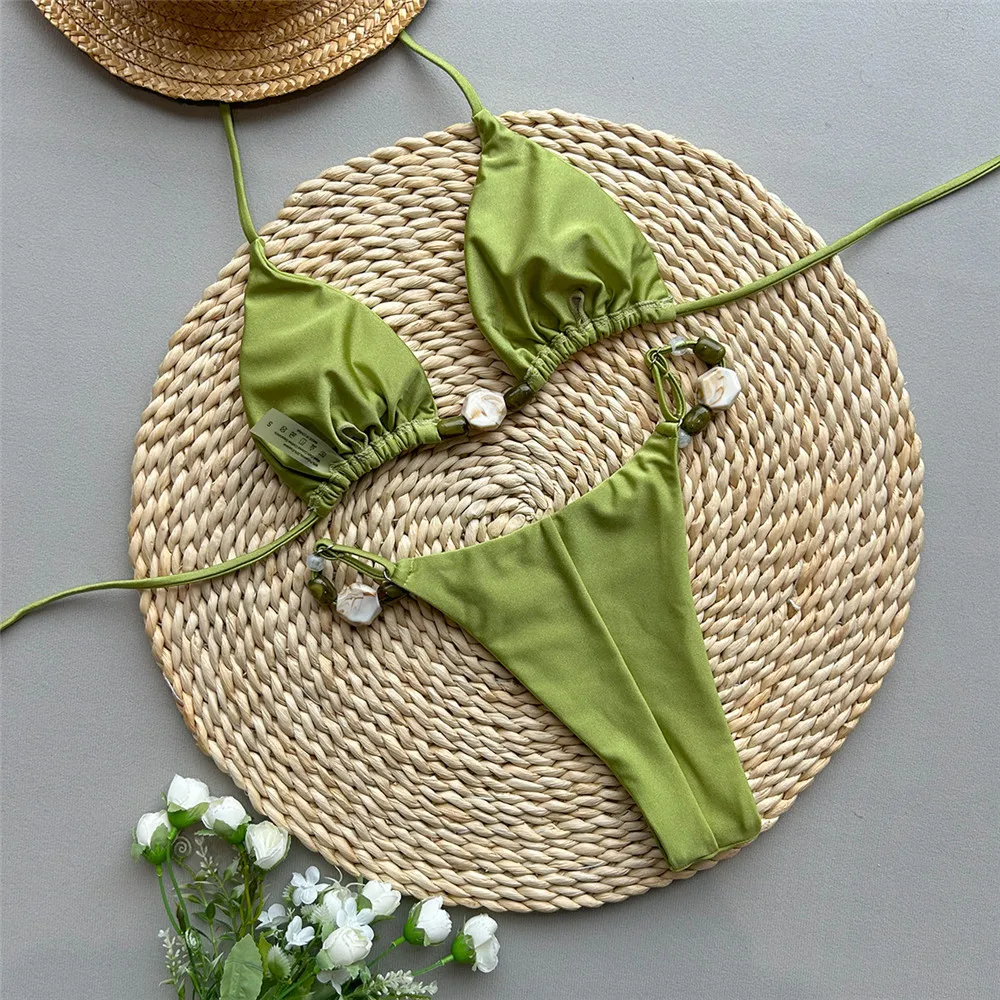 Solid Green Swimwears Sexy Halter Triangle Bead String Bikini Mini Micro Thong Swimsuit Woman 2026 Summer Brazilian Bikinis Sets