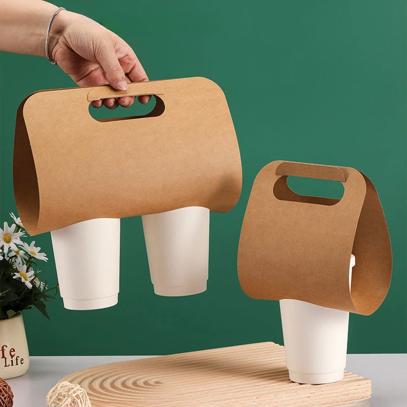 Kraft Paper Handle Cup Holder Disposable Thick White Paper Jam Beverage Takeout Anti Spillage Single Double Cup Portable Packing