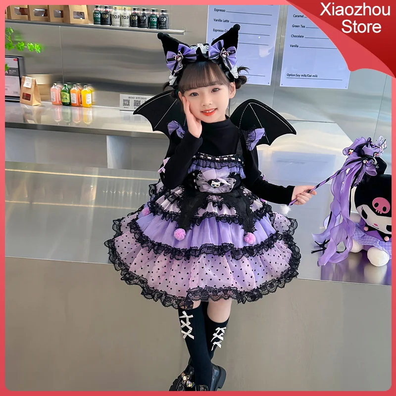 Sanrio Cosplay Kuromi Kawaii Lolita Princess Dress Spring Autumn Children's Costume Dress Puffy Skirt Suit Cute Girl Style Gifts