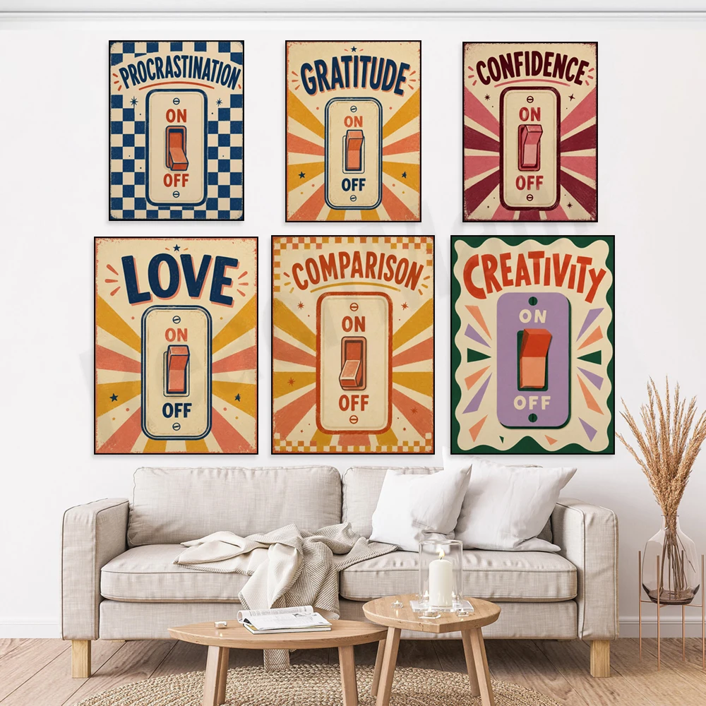Inspirational wall decorations, energy quotes, prints on peace, gratitude, kindness, and hope, and retro humorous posters.