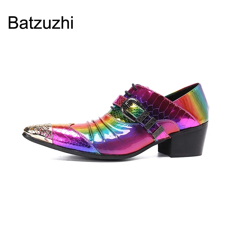

Batzuzhi Rock Handmade Mens Shoes Pointed Golden Metal Toe Leather Dress Shoes Men Lace-up Multi Fashion Party and Wedding Shoes