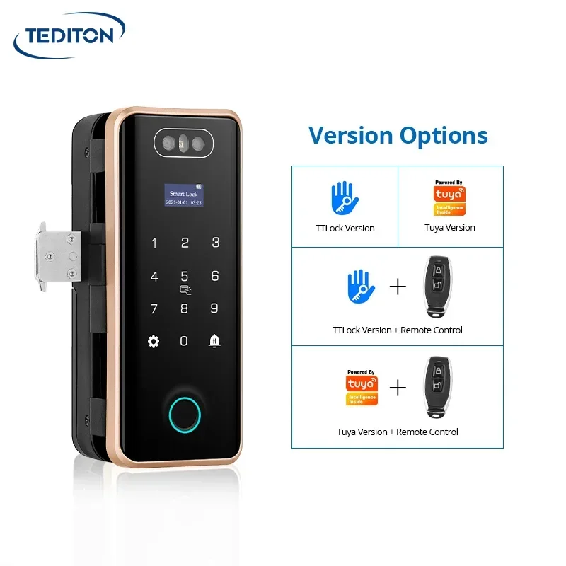 Tediton Seguridad Pantalla táctil Control remoto Contraseña digital Reconocimiento facial Cerradura de puerta de vidrio con huella digital