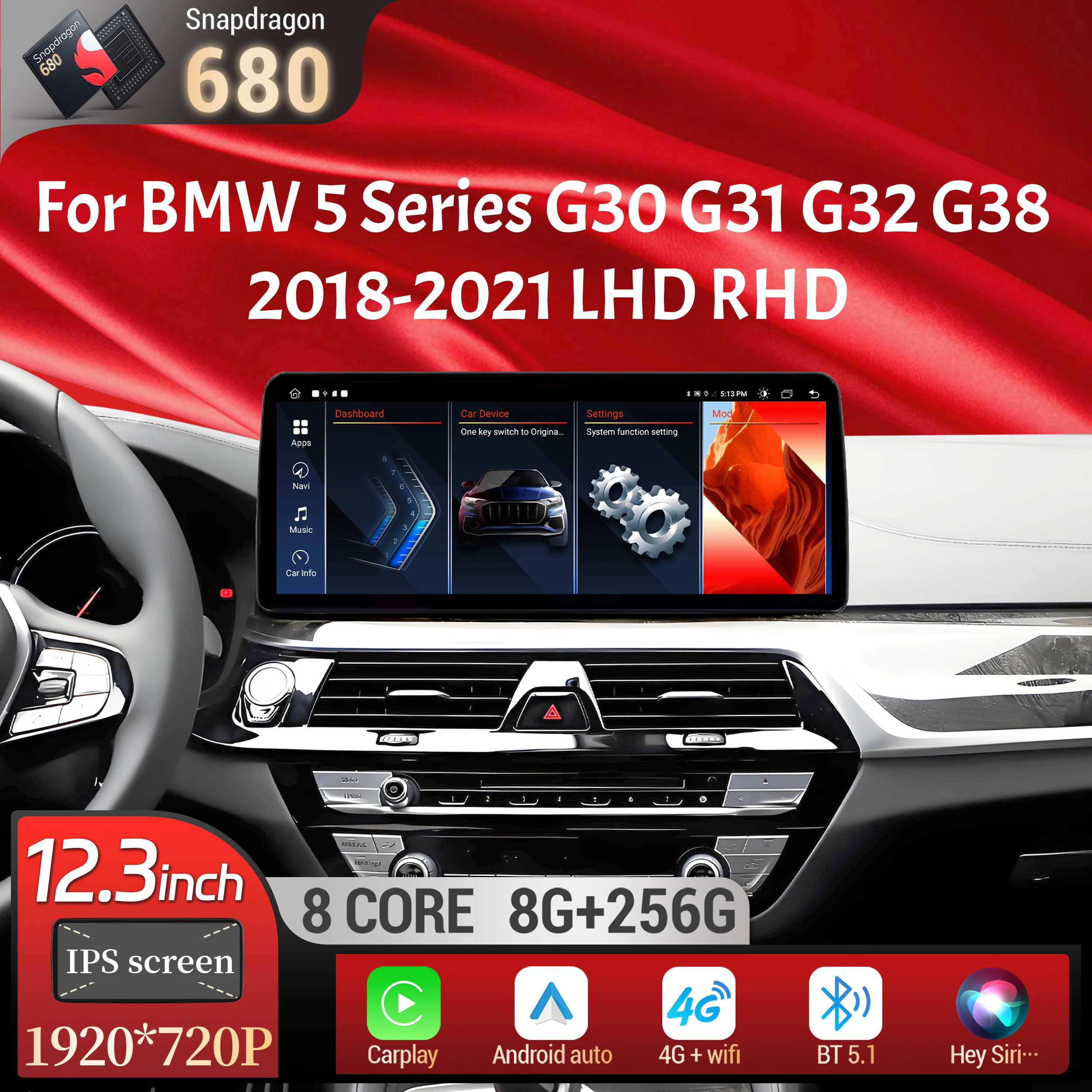 

12.3 inch Android 14 For BMW 5 Series G30 G31 G32 G38 2018-2021 Car Radio Wireless Carplay Head Unit Snapdragon 680 Touch Screen