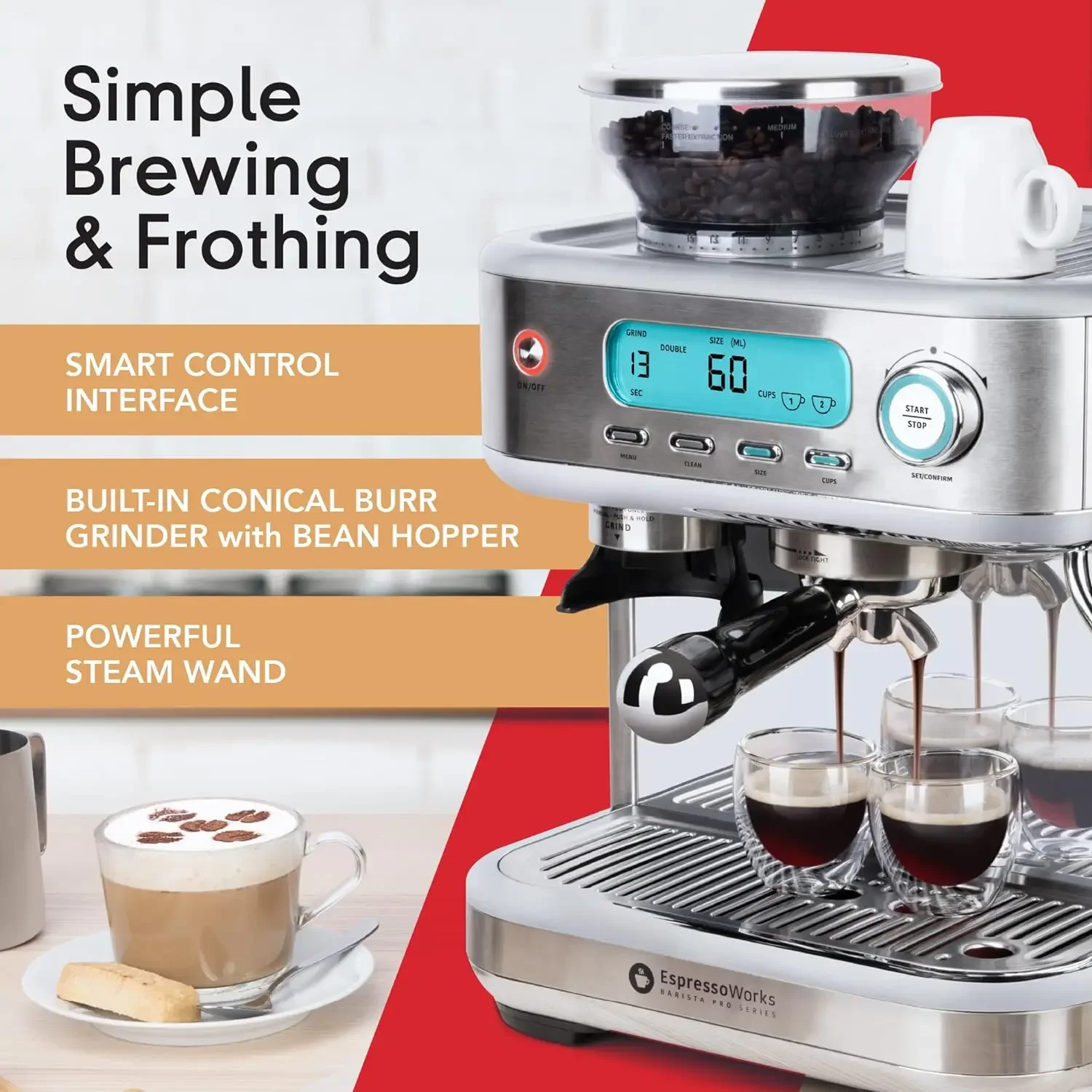 Barista Pro Series Espresso Machine with Grinder LCD Display and Steamer Ready To Go In 60 Sec 15-Bar Latte image 3
