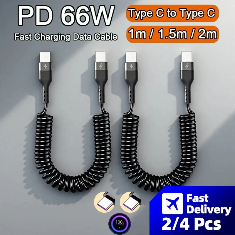 

2/4Pcs 66W 5A Cable Fast Charging Spring Pull Telescopic Cord Type C To Type C For Samsung Xiaomi OPPO Huawei USB C Car Charger
