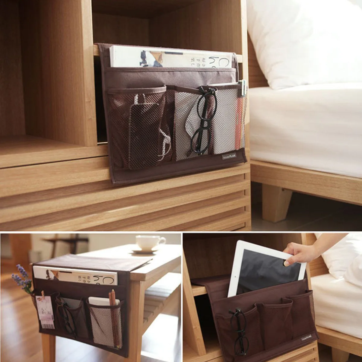 

4-Pocket Bedside Storage Organizer Oxford 13X9.45In For Bed Sofa Chair Tablet Phone Book Remote Glasses Holder Home Storage Bag