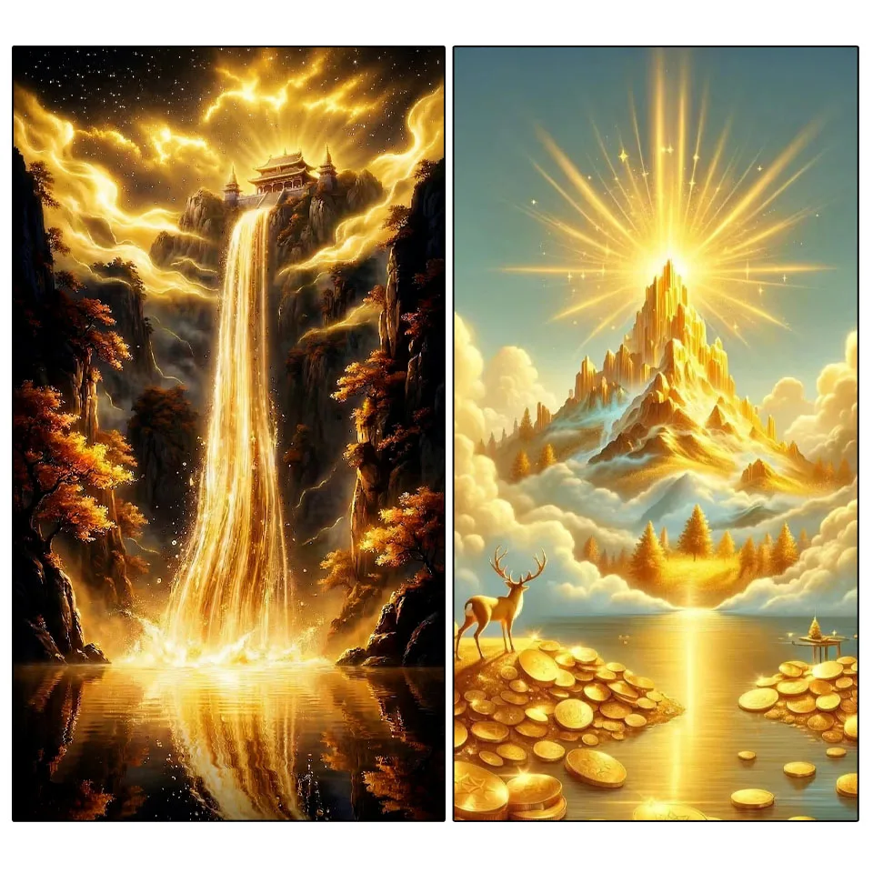 

New Product Launch 5D Diamond Painting Rich Gold Mountain Golden Waterfall Landscape Full Diamond Mosaic Embroidery Rhinestone