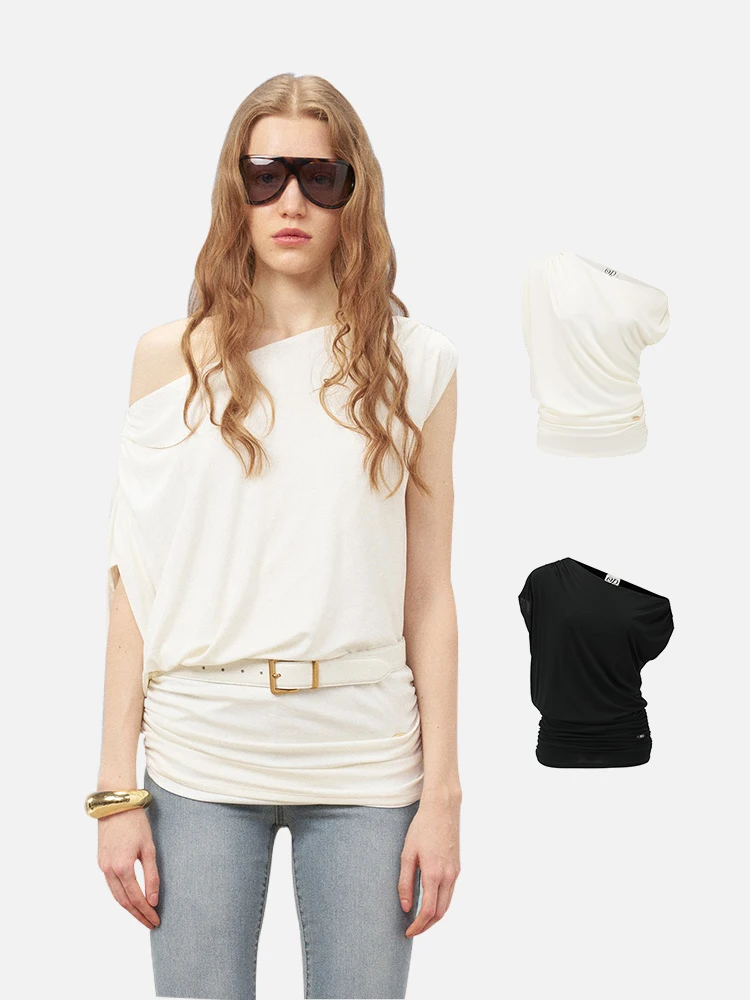 

Летний топ из ацетата с асимметричным плечом и плиссировкой, женский, приталенный, однотонный, весенний сезон