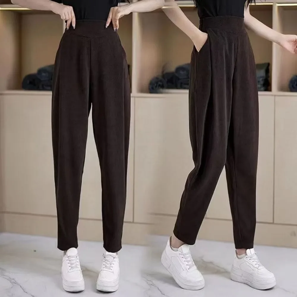 Nowe spodnie damskie na jesień i zimę 2025, z wysokim stanem, wyszczuplające, codzienne, pluszowe, ocieplane, dopasowane, typu \"harun\", spodnie marchewki, spodnie \"nożyczki\".