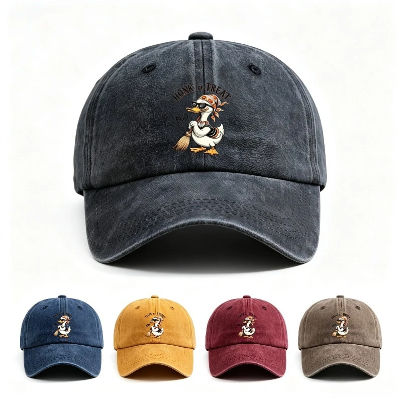 Unisex Washed Baseball Hat Halloween Witch Duck Print Adjustable Back Strap Casual Headwear for Autumn Holiday Costume Outfit