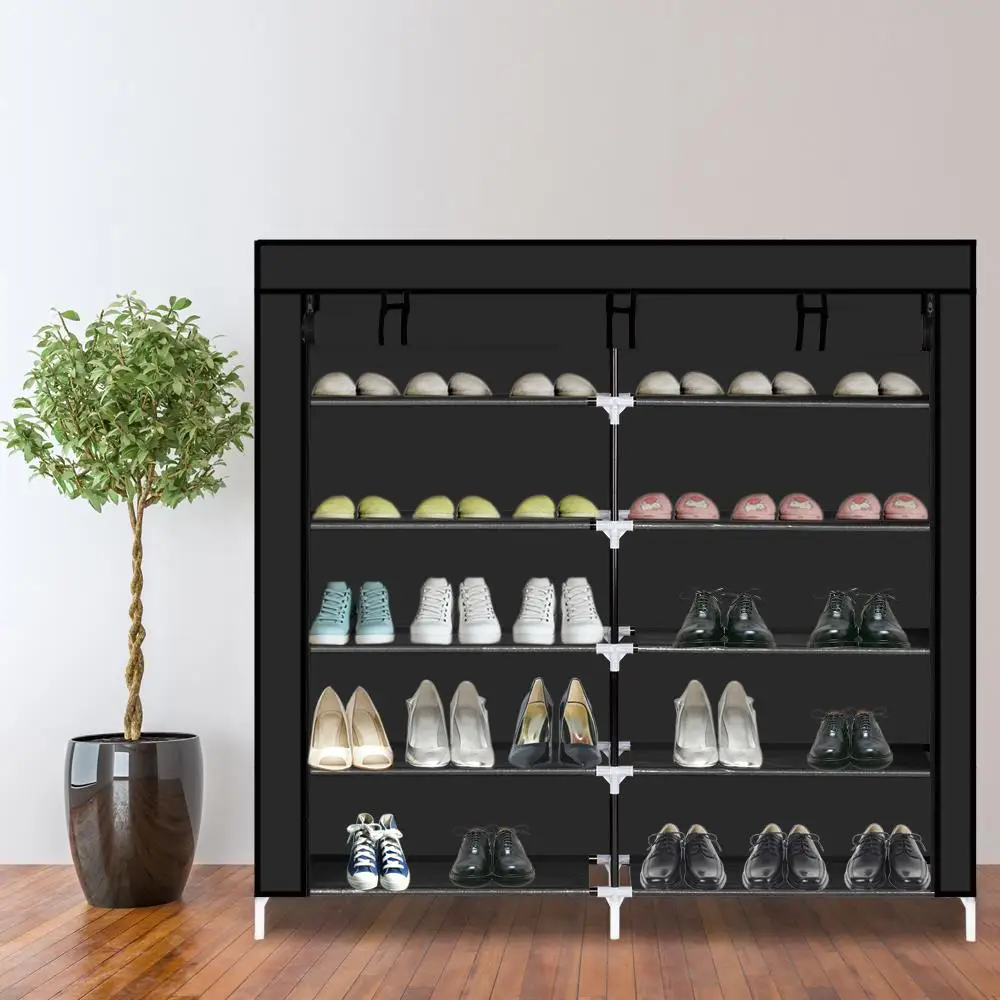 7-Tier Portable Shoe Rack with Fabric Cover - Black Shoe Storage Organizer Cabinet