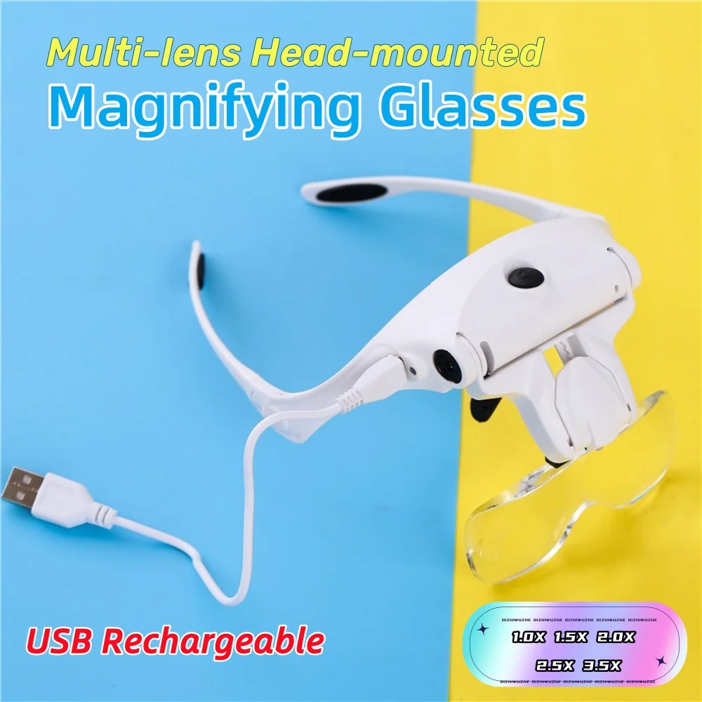 

9892B2C USB Rechargeable Multi-lens Head Mounted Magnifying Glasses with LED Light Manifier 1.0X 1.5X 2.0X 2.5X 3.5X For Reading