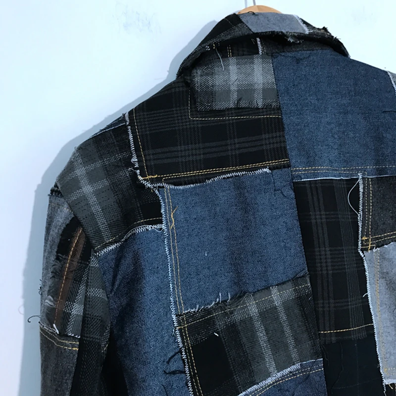 PFHQ Autumn Men\'s Denim Plaid Raw Edge Stitching Blazers Patchwork Design Cool Motorcycle Creativity Casual Button Coat 21Z1406