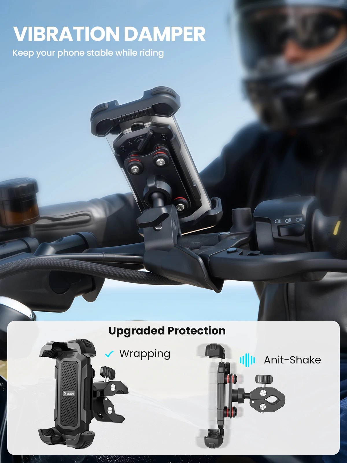 Bike Motorcycle Phone Holder -Dual Vibration Dampener, Tool-Free Handlebar Clip & Secure Lock for All 4.7-6.9" Phones