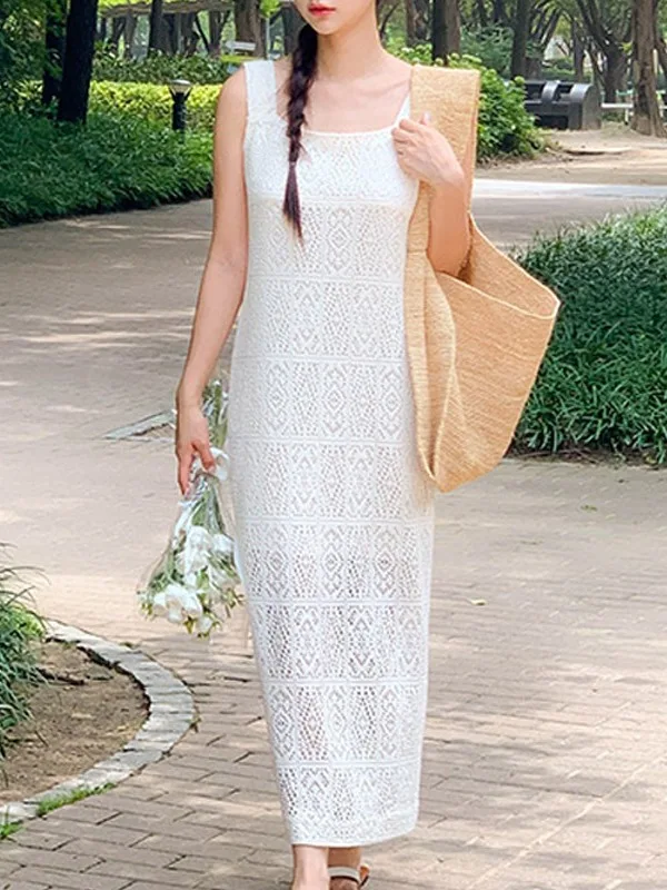 Elegant White A-Line Lace Design Vest Dress Summer Collection Women's Fashionable Skirt Vest Two-Piece Suit Commute Wear