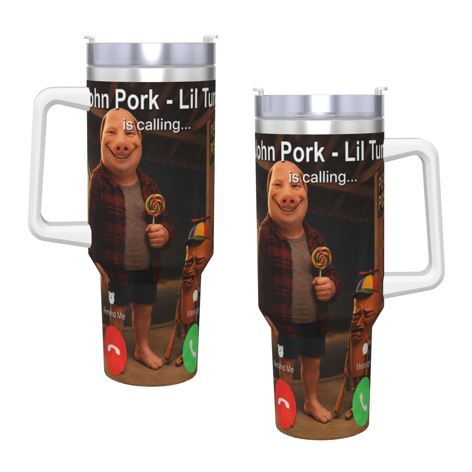 Stainless Steel Tumbler John Pork Lil Tung Brother is Calling Brainrot Meme Mugs Cup With Straws  Beach Hot Drinks Water Bottle