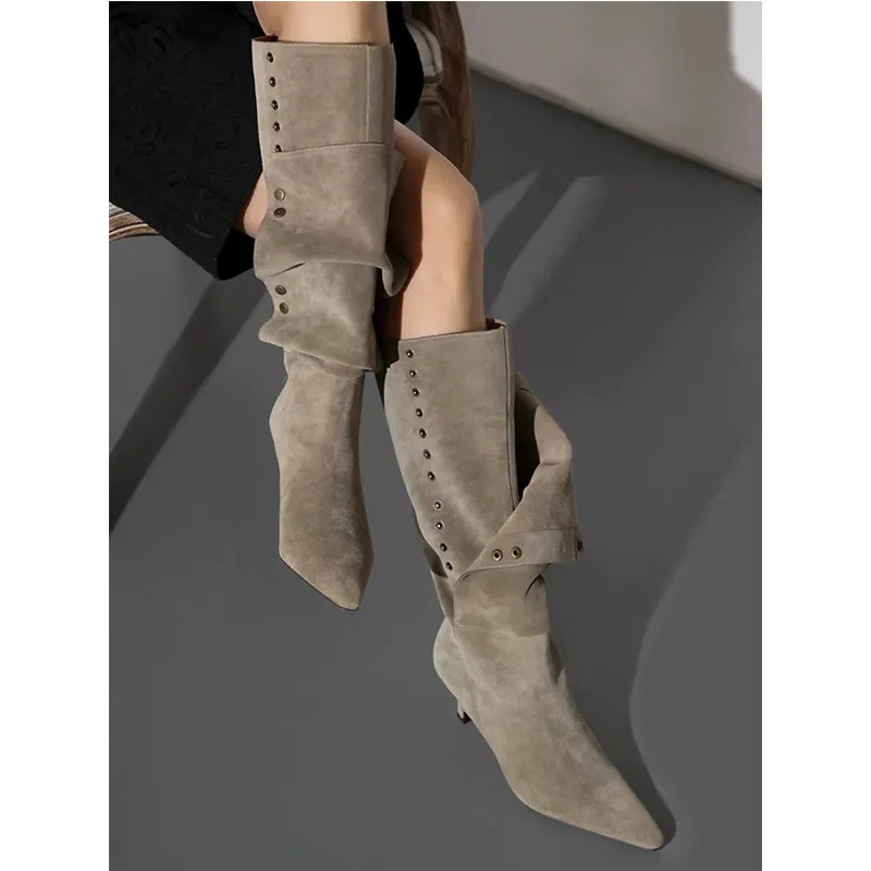 Pointed Toe Buckle Fold Boots Suede Stiletto Autumn Cool Girl Fashion Women Daily Casual Knee High Boots Comfort Shoes