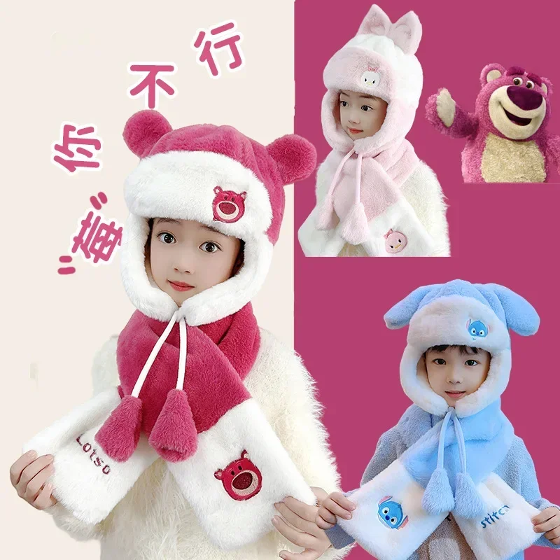 Disney Stitch Lotso children's autumn and winter hat and scarf two-piece set winter fashion kawaii warm suit for boys and girls