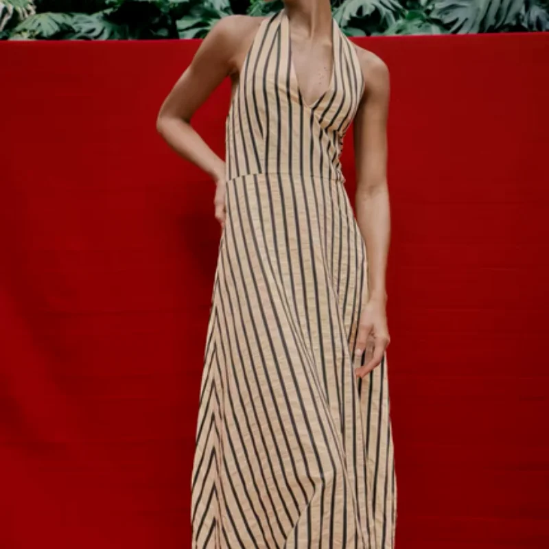 Summer 2026 New Women's Casual Style V-Neck Sleeveless Stripe Balloon Dress Vacation Vibes Casual Wear Polyester Fabric