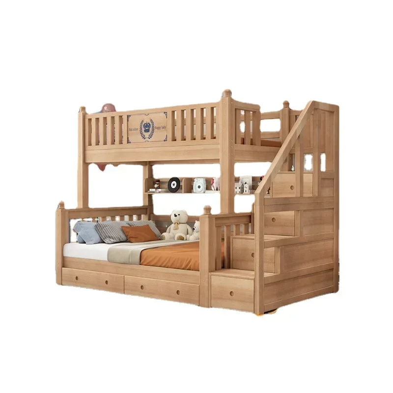 Double decker bed for upper and lower beds, solid wood elevated mother child bed, small unit children's upper