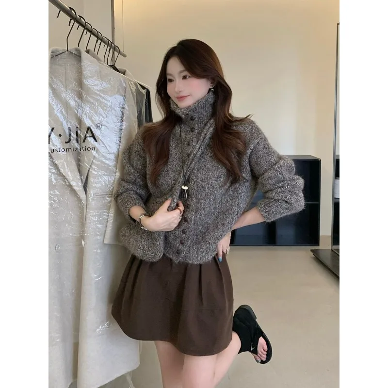 Blouse Knitwear Outerwear Knitted Cardigan Women's Autumn/Winter Korean Style Thickened Single-Breasted High Neck Warm Niche